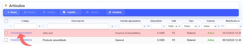 Configuración de artículos por área