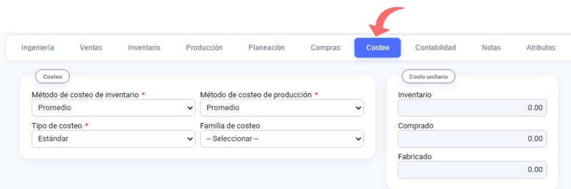 Configuración costeo