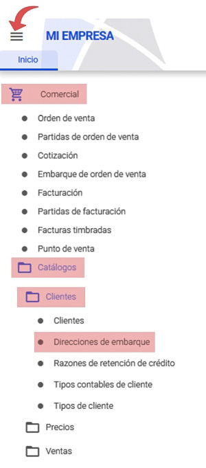 ruta catálogo direcciones de embarque