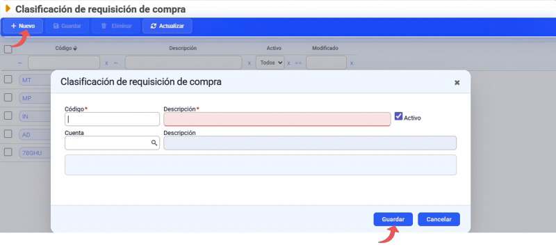 clasificación de requisición de compra