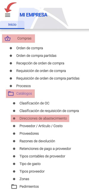 ruta catálogo direcciones de abastecimiento