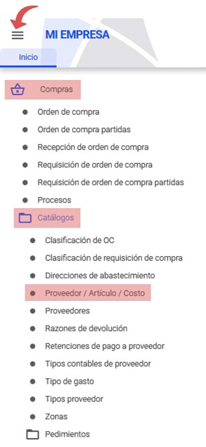 ruta catálogo cliente/artículo/precio