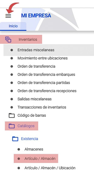 ruta catálogo artículo / almacén