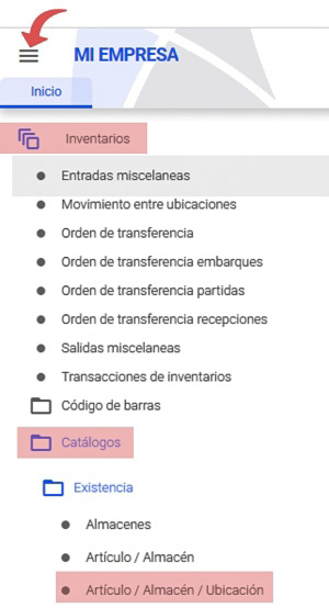 ruta catálogo artículo / almacén / ubicación