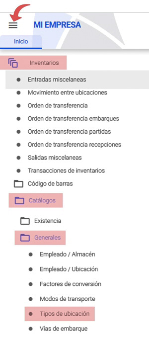 ruta catálogo tipos de ubicación