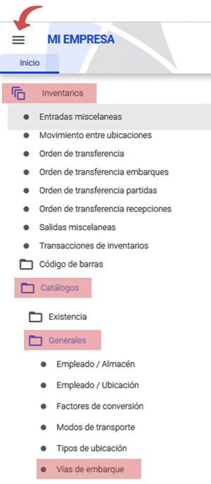 ruta catálogo vías de embarque