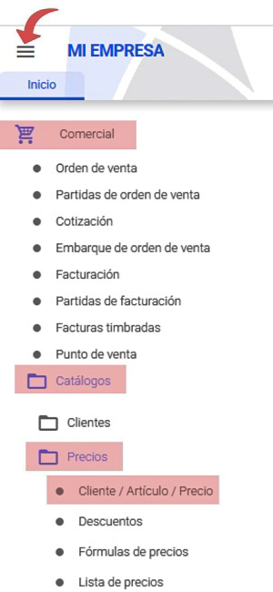 ruta catálogo cliente/artículo/precio