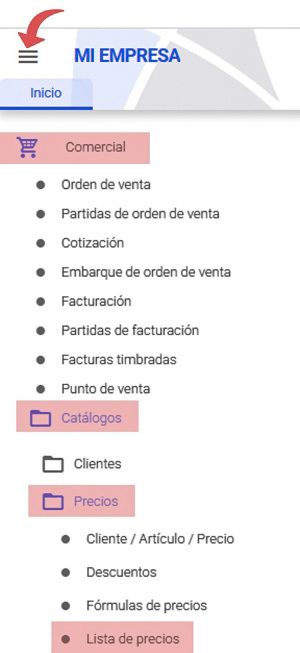 ruta lista de precios