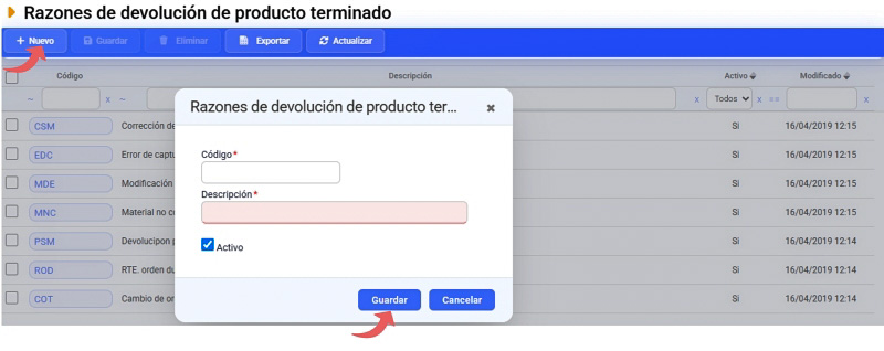 devolución de producto terminado