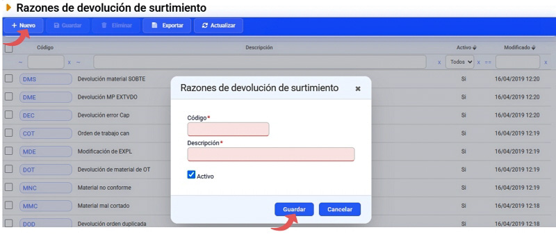 razones de devolución de surtimiento
