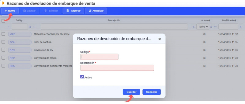 razones de devolución de embarque de venta