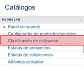 Menú Clasificación de cotización