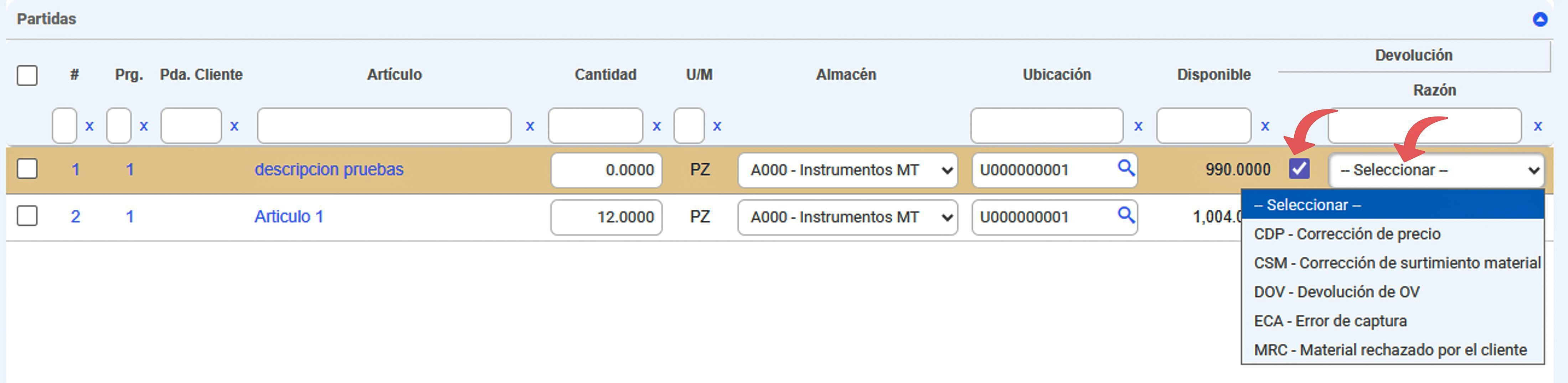 Partidas de embarque de orden de ventaa