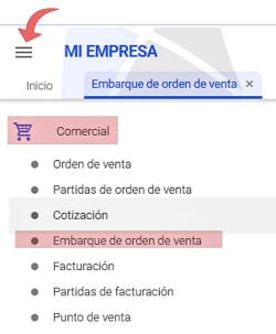 ruta embarque de orden de venta