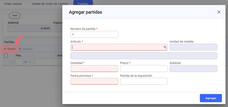 Partidas orden de compra