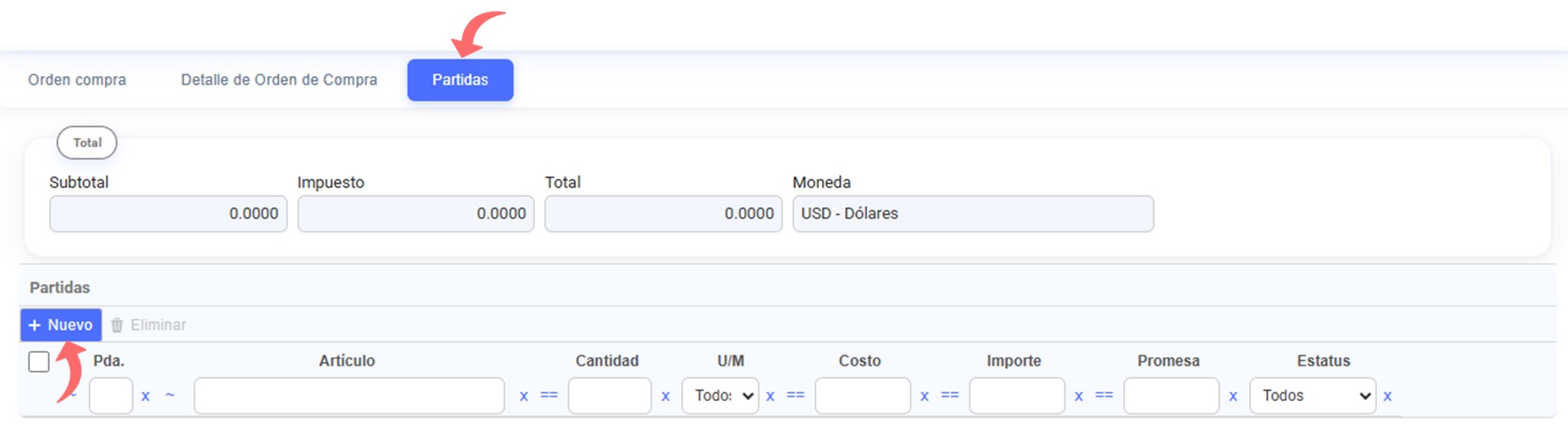 Partidas orden de compra