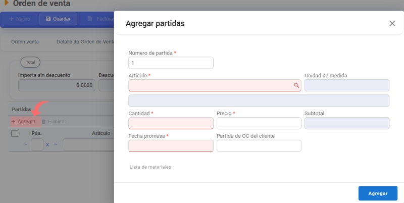Partidas orden de venta