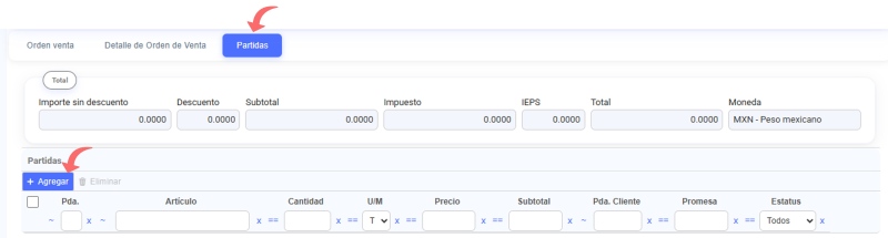 Partidas orden de venta