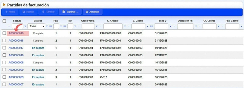 Partidas de facturación