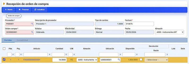 Generar recepción de orden de compra