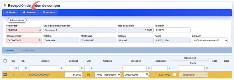 recepción orden de compra procesar