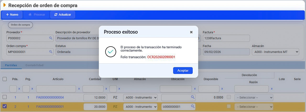 recepción orden de compra proceso exitoso