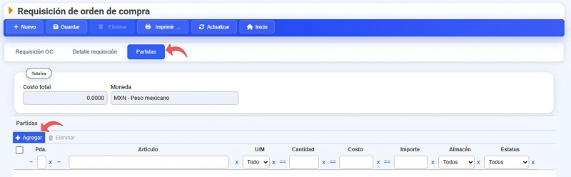 Requisición orden de compra partidas