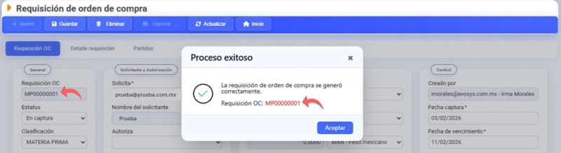 Requisición de orden de compra proceso exitoso