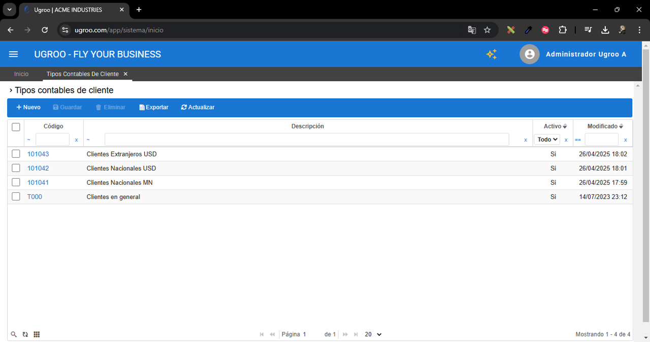Tipo contable del cliente vista