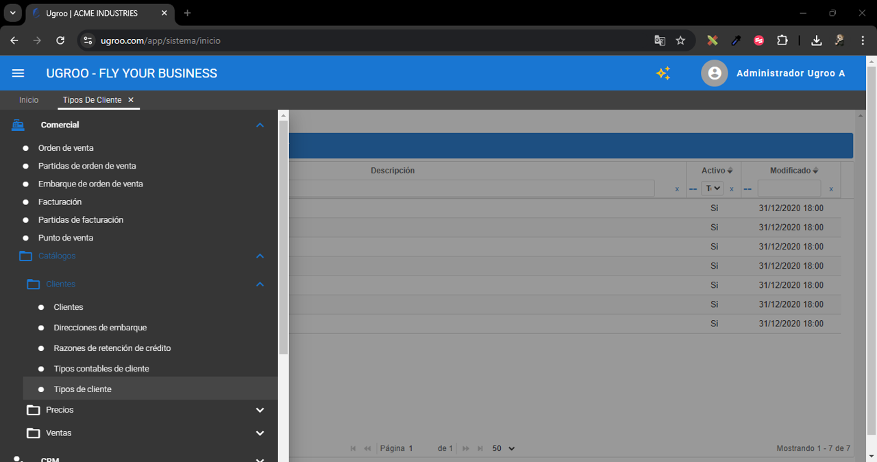 Tipo de cliente menú